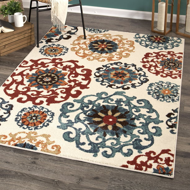 Modern Runner Rugs for Kitchen Floor 24 x 72 Multicolor Nature Inspired Scroll Pattern Buds on an Abstract Background with Colorful Circles Area Rugs 